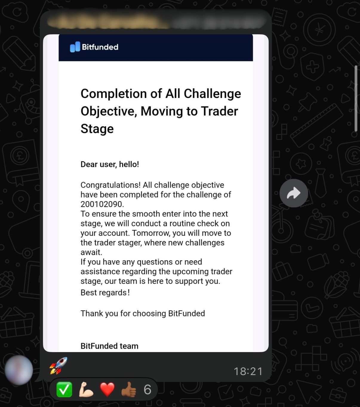 BitFunded: Completion of all challenge objectives, moving to trader stage